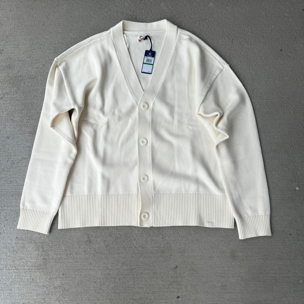 NWT Fila Mens Baseline Cardigan Sweater Ivory Long Sleeve Tight Knit Size Large